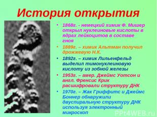 История открытия 1868г. - немецкий химик Ф. Мишер открыл нуклеиновые кислоты в я