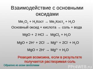 Взаимодействие с основными оксидами МеxOy + HnКост → МеnКостy + H2O Основный окс