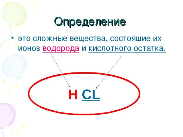 Определение это сложные вещества, состоящие их ионов водорода и кислотного остатка. Н CL