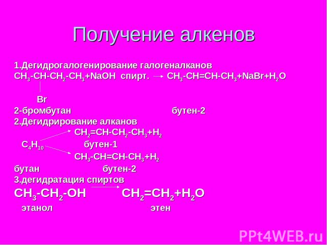 Получение алкенов 1.Дегидрогалогенирование галогеналканов СН3-СН-СН2-СH3+NaOH спирт. CH3-CH=CH-CH3+NaBr+H2O Br 2-бромбутан бутен-2 2.Дегидрирование алканов СН2=СН-СН2-СН3+Н2 С4Н10 бутен-1 СН3-СН=СН-СН3+Н2 бутан бутен-2 3.дегидратация спиртов СН3-СН2…