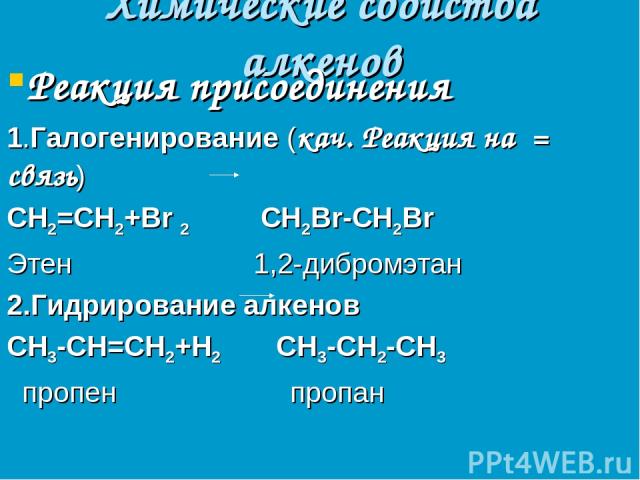 Химические свойства алкенов Реакция присоединения 1.Галогенирование (кач. Реакция на = связь) СН2=СН2+Br 2 CН2Br-CН2Br Этен 1,2-дибромэтан 2.Гидрирование алкенов СН3-СН=СН2+Н2 СН3-СН2-СН3 пропен пропан