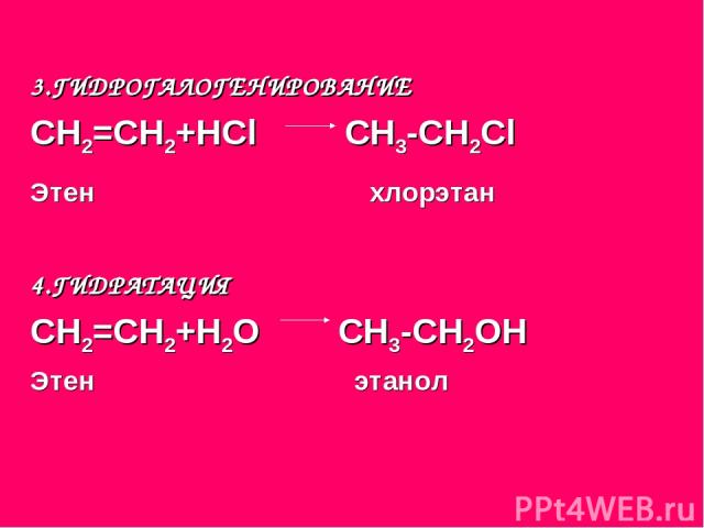 3.ГИДРОГАЛОГЕНИРОВАНИЕ СН2=СН2+НСl СН3-СН2Сl Этен хлорэтан 4.ГИДРАТАЦИЯ СН2=СН2+Н2О СН3-СН2ОН Этен этанол