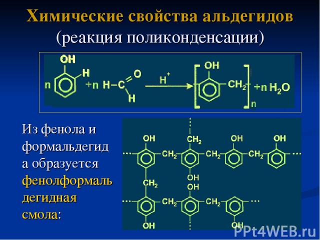 Химические свойства альдегидов (реакция поликонденсации) Из фенола и формальдегида образуется фенолформальдегидная смола: