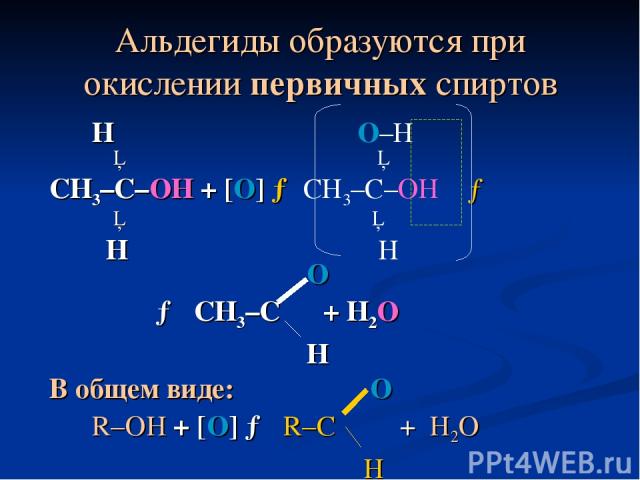 Альдегиды образуются при окислении первичных спиртов Н О–Н │ │ СН3–С–ОН + [О] → СН3–С–ОН → │ │ Н Н О → СН3–С + Н2О Н В общем виде: O R–OH + [О] → R–C + Н2О H