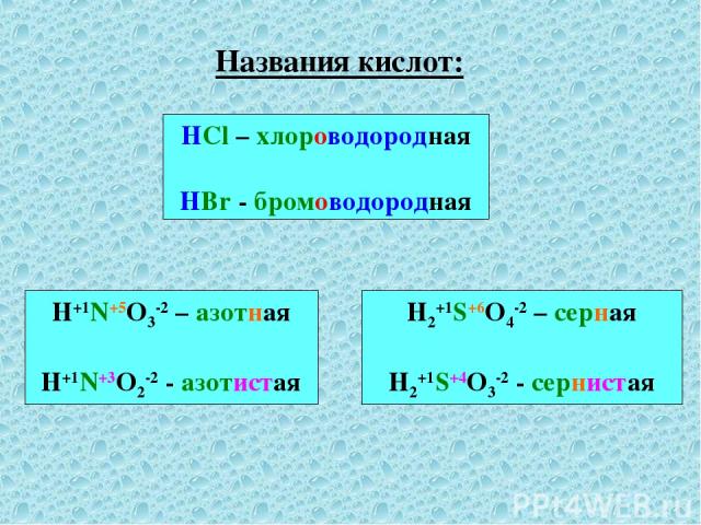 Названия кислот: HCl – хлороводородная HBr - бромоводородная H+1N+5O3-2 – азотная H+1N+3O2-2 - азотистая H2+1S+6O4-2 – серная H2+1S+4O3-2 - сернистая