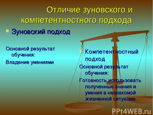 Отличие зуновского и компетентностного подхода Зуновский подход Основной результ