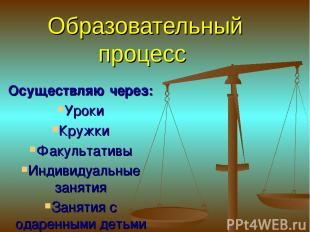 Образовательный процесс Осуществляю через: Уроки Кружки Факультативы Индивидуаль