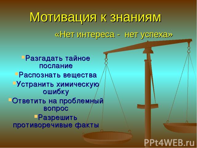 Мотивация к знаниям «Нет интереса - нет успеха» Разгадать тайное послание Распознать вещества Устранить химическую ошибку Ответить на проблемный вопрос Разрешить противоречивые факты