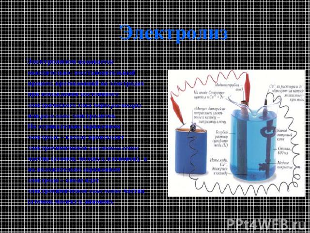 Электролиз Электролизом называется окислительно- восстановительный процесс, протекающий на электродах при похождении постоянного электрического тока через растворы или расплавы электролитов.  На отрицательно заряженном электроде – катоде происходит …