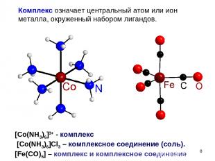 * [Co(NH3)6]3+ - комплекс [Co(NH3)6]Cl3 – комплексное соединение (соль). [Fe(CO)