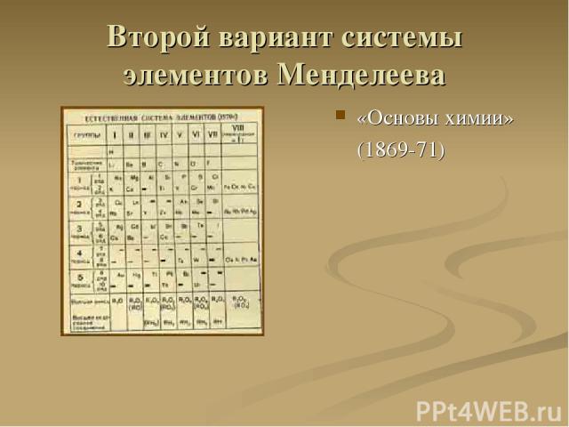 Второй вариант системы элементов Менделеева «Основы химии» (1869-71)
