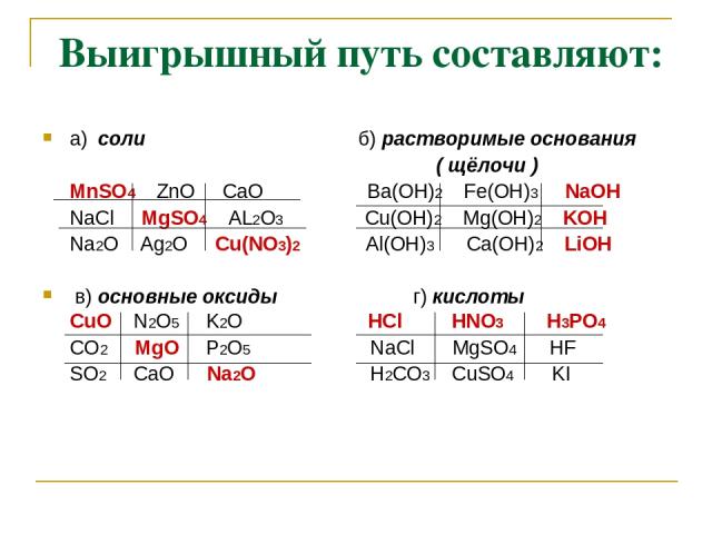 а) соли б) растворимые основания ( щёлочи ) MnSO4 ZnO CaO Ba(OH)2 Fe(OH)3 NaOH NaCl MgSO4 AL2O3 Cu(OH)2 Mg(OH)2 KOH Na2O Ag2O Cu(NO3)2 Al(OH)3 Ca(OH)2 LiOH в) основные оксиды г) кислоты CuO N2O5 K2O HCl HNO3 H3PO4 CO2 MgO P2O5 NaCl MgSO4 HF SO2 CaO …
