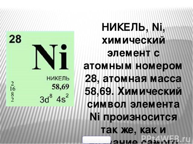 НИ КЕЛЬ, Ni, химический элемент с атомным номером 28, атомная масса 58,69. Химический символ элемента Ni произносится так же, как и название самого элемента. 900igr.net