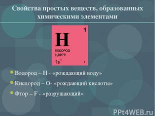 Свойства простых веществ, образованных химическими элементами Водород – H - «рож