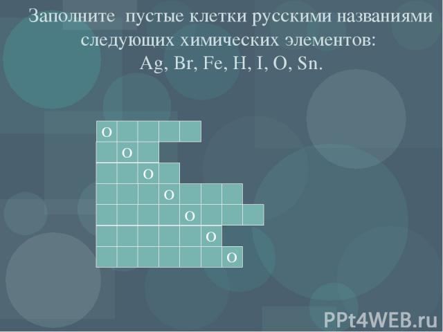 Заполните пустые клетки русскими названиями следующих химических элементов: Ag, Br, Fe, H, I, O, Sn. О О О О О О О