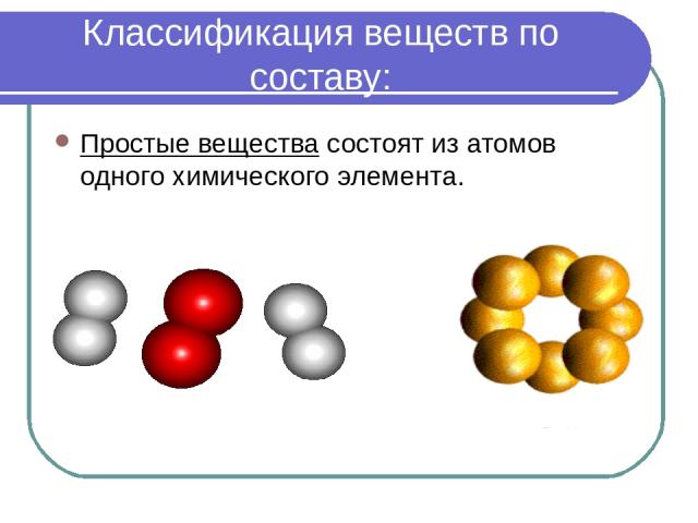Классификация веществ по составу: Простые вещества состоят из атомов одного химического элемента.