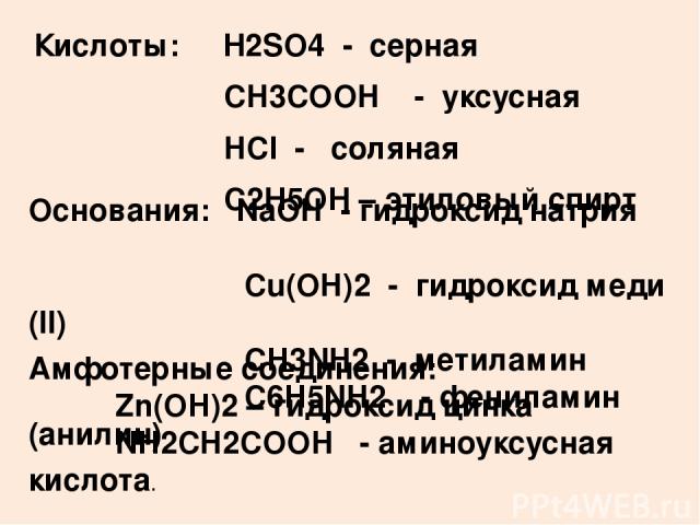 Кислоты: Н2SO4 - серная CH3COOH - уксусная HCl - соляная С2Н5ОН – этиловый спирт Основания: NaOH - гидроксид натрия Cu(OH)2 - гидроксид меди (II) CH3NH2 - метиламин C6H5NH2 - фениламин (анилин) Амфотерные соединения: Zn(OH)2 – гидроксид цинка NH2CH2…