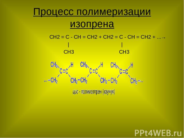 Процесс полимеризации изопрена CH2 = C - CH = CH2 + CH2 = C - CH = CH2 + ...→ | | CH3 CH3