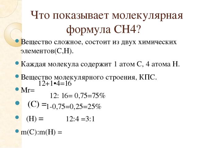 Что показывает молекулярная формула СН4? Вещество сложное, состоит из двух химических элементов(С,Н). Каждая молекула содержит 1 атом С, 4 атома Н. Вещество молекулярного строения, КПС. Mr= ω(С) = ω(Н) = m(С):m(H) = 12: 16= 0,75=75% 12+1•4=16 1-0,75…