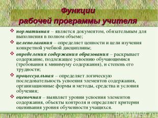 Функции рабочей программы учителя нормативная – является документом, обязательны