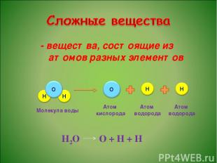 - вещества, состоящие из атомов разных элементов Н2О О + Н + Н