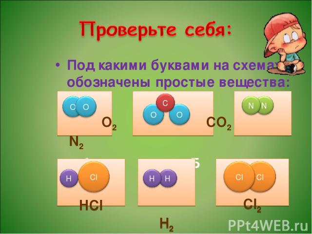 Под какими буквами на схемах обозначены простые вещества: О2 СО2 N2 А Б В Г Д Е HCl Н2 Cl2