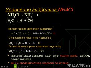 * Громова О.И * Уравнения гидролиза NH4Cl NH4Cl ↔ NH4+ + Сl– Н2O ↔ Н+ + ОН– ____