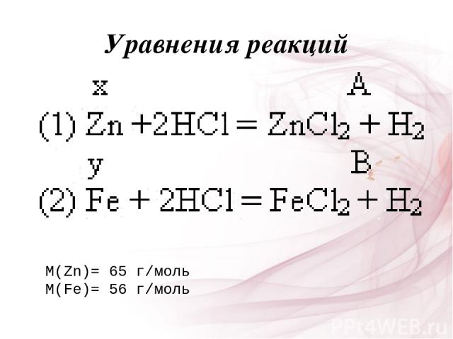 Уравнения реакций M(Zn)= 65 г/моль M(Fe)= 56 г/моль