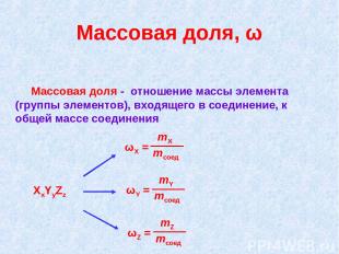 Массовая доля, ω Массовая доля - отношение массы элемента (группы элементов), вх
