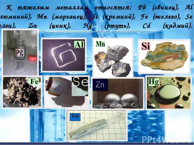 К тяжелым металлам относятся: Pb (свинец), Al (алюминий), Mn (марганец), Si (кремний), Fe (железо), Se (селен), Zn (цинк), Hg (ртуть), Cd (кадмий). Cd
