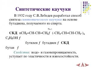 Синтетические каучуки В 1932 году С.В.Лебедев разработал способ синтеза синтетич