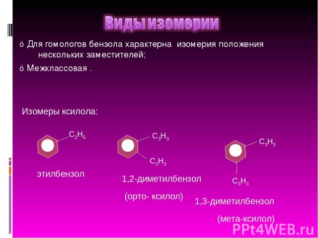☼Для гомологов бензола характерна изомерия положения нескольких заместителей; ☼Межклассовая . Изомеры ксилола: этилбензол 1,2-диметилбензол 1,3-диметилбензол (орто- ксилол) (мета-ксилол) С2Н5 С3Н3 С3Н3 С3Н3 С3Н3