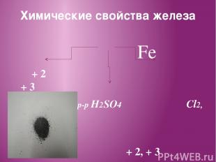 Химические свойства железа Fe + 2 + 3 S, Сu,р-р HCl, р-р H2SO4 Cl2, HNO3 + 2, +
