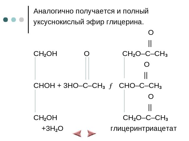 Аналогично получается и полный уксуснокислый эфир глицерина. O || CH2OH O CH2O–C–CH3 O || CHOH + 3HO–C–CH3 → CHO–C–CH3 O || CH2OH CH2O–C–CH3 +3H2O глицеринтриацетат