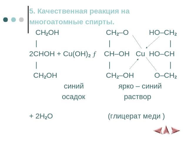 5. Качественная реакция на многоатомные спирты. CH2OH CH2–O HO–CH2 | | | 2CHOH + Cu(OH)2 → CH–OH Cu HO–CH | | | CH2OH CH2–OH O–CH2 синий ярко – синий осадок раствор + 2H2O (глицерат меди )