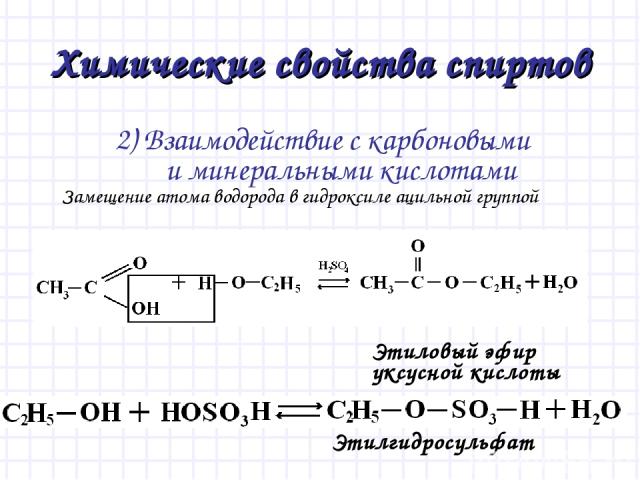 Химические свойства спиртов 2) Взаимодействие с карбоновыми и минеральными кислотами Этиловый эфир уксусной кислоты Этилгидросульфат Замещение атома водорода в гидроксиле ацильной группой