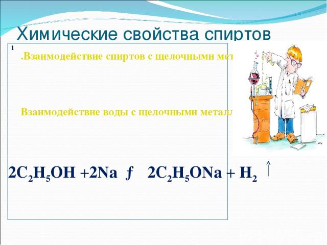 Химические свойства спиртов 1.Взаимодействие спиртов с щелочными металлами Взаимодействие воды с щелочными металлами 2C2H5OH +2Na  →  2C2H5ONa + H2