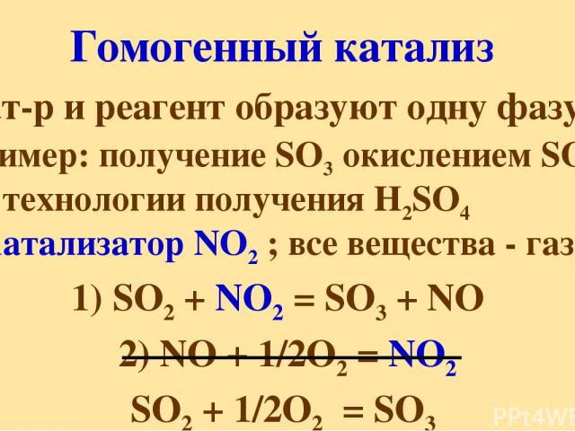 Гомогенный катализ (кат-р и реагент образуют одну фазу) Пример: получение SO3 окислением SO2 в технологии получения H2SO4 Катализатор NO2 ; все вещества - газы 1) SO2 + NO2 = SO3 + NO 2) NO + 1/2О2 = NO2 SO2 + 1/2О2 = SO3