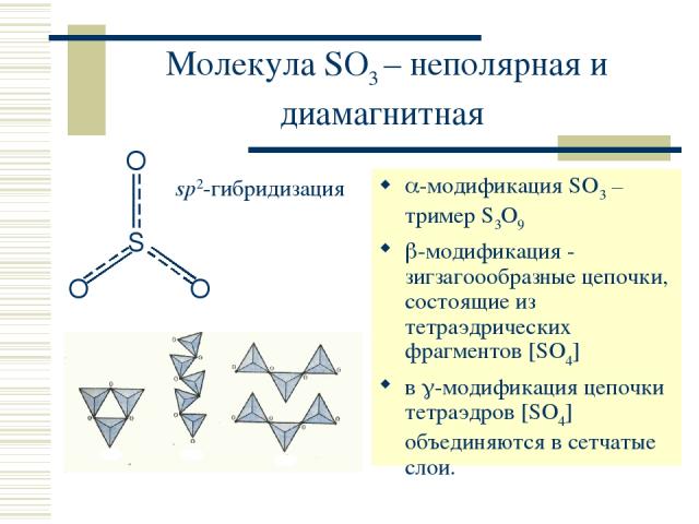 Молекула SO3 – неполярная и диамагнитная -модификация SO3 – тример S3O9 -модификация - зигзагоообразные цепочки, состоящие из тетраэдрических фрагментов [SO4] в -модификация цепочки тетраэдров [SO4] объединяются в сетчатые слои. sp2-гибридизация