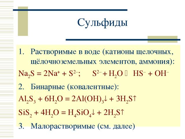 Сульфиды Растворимые в воде (катионы щелочных, щёлочноземельных элементов, аммония): Na2S = 2Na+ + S2–; S2– + H2O HS– + OH– Бинарные (ковалентные): Al2S3 + 6H2O = 2Al(OH)3 + 3H2S SiS2 + 4H2O = H4SiO4 + 2H2S 3. Малорастворимые (см. далее)