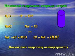 Механизм гидролиза хлорида натрия H2O H+ + OH- NaСl Na+ + Cl- Na+ +Cl- +HOH Cl-