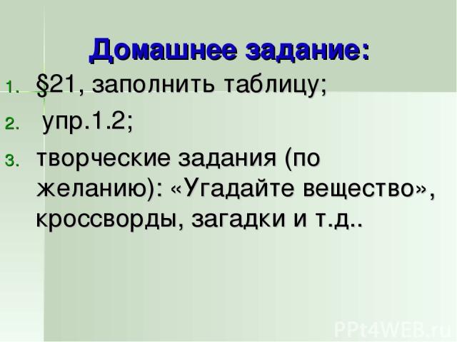 Домашнее задание: §21, заполнить таблицу; упр.1.2; творческие задания (по желанию): «Угадайте вещество», кроссворды, загадки и т.д..