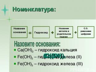 Номенклатура: Ca(OH)2 – гидроксид кальция Fe(OH)2 – гидроксид железа (II) Fe(OH)