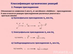 Классификация органических реакций 2. Реакции присоединения Обозначаются символо
