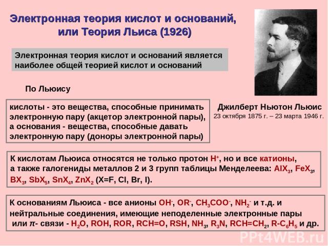 Электронная теория кислот и оснований, или Теория Льиса (1926) Джилберт Ньютон Льюис 23 октября 1875 г. – 23 марта 1946 г. Электронная теория кислот и оснований является наиболее общей теорией кислот и оснований кислоты - это вещества, способные при…