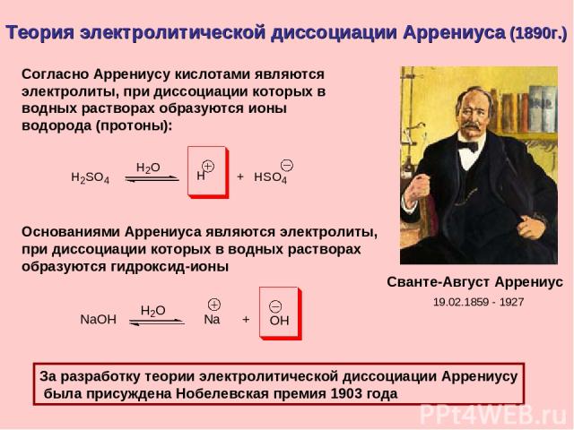Теория электролитической диссоциации Аррениуса (1890г.)     Сванте-Август Аррениус За разработку теории электролитической диссоциации Аррениусу была присуждена Нобелевская премия 1903 года Согласно Аррениусу кислотами являются электролиты, при диссо…