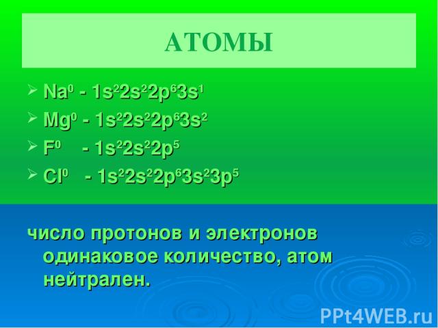 АТОМЫ Na0 - 1s22s22p63s1 Mg0 - 1s22s22p63s2 F0 - 1s22s22p5 Cl0 - 1s22s22p63s23p5 число протонов и электронов одинаковое количество, атом нейтрален.