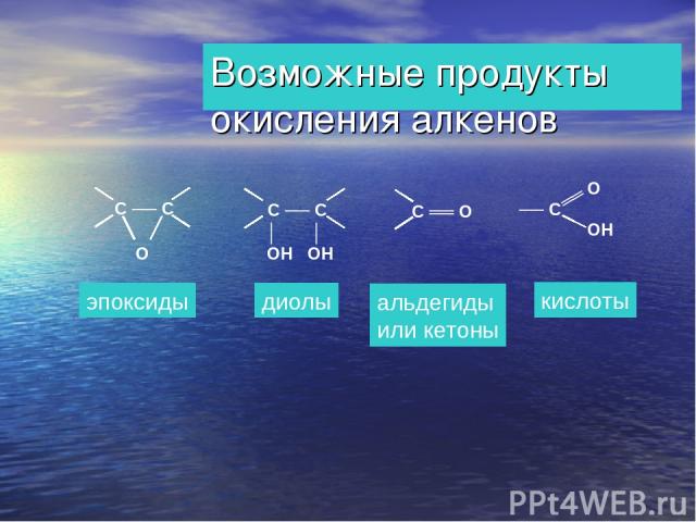 Возможные продукты окисления алкенов эпоксиды диолы альдегиды или кетоны кислоты