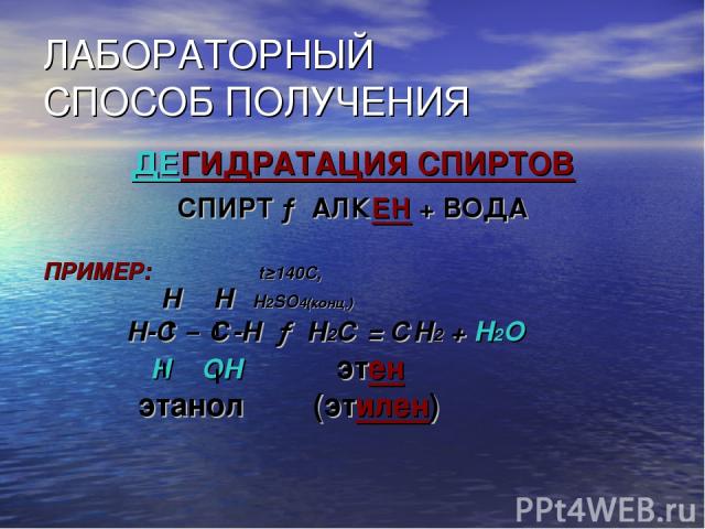 ЛАБОРАТОРНЫЙ СПОСОБ ПОЛУЧЕНИЯ ДЕГИДРАТАЦИЯ СПИРТОВ СПИРТ → АЛКЕН + ВОДА ПРИМЕР: t≥140C, Н Н Н2SO4(конц.) Н-С – С-Н → Н2С = СН2 + Н2О Н ОН этен этанол (этилен)