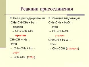 Реакции присоединения Реакция гидрирования СH2=CH-CH3 + H2 → пропен → CH3-CH2-CH